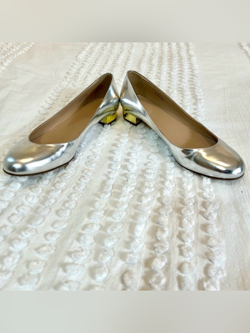 J. Crew Metallic Silver Leather Ballet Flats with Yellow Accent Heels